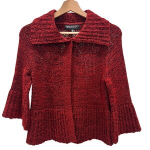 Women Chunky Marled Knit Red Bell Sleeve Cardigan Sz S Classic Preppy Romantic